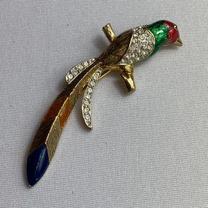 3 inch Gold, Enamel, and Crystal Parrot Brooch